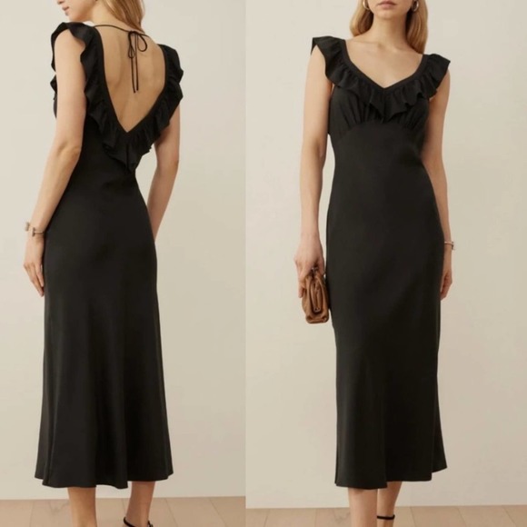 Reformation midi dress Cillian Silk ruffle neckline tie back in black Sz Medium - Picture 3 of 13